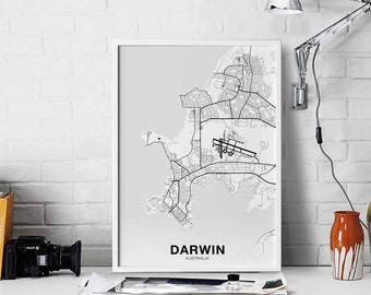 DARWIN Australia map poster black white Hometown City Print Modern Home Decor Office Decoration Wall Art Dorm Bedroom Gift