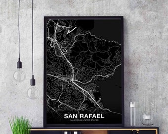 SAN RAFAEL California CA usa map poster black white Hometown City Print Modern Home Decor Office Decoration Wall Art Dorm Bedroom Gift