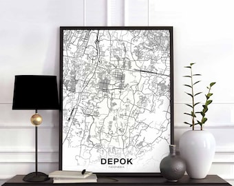 DEPOK Indonesia map poster black white Hometown City Print Modern Home Decor Office Decoration Wall Art Dorm Bedroom Gift