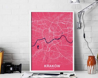 KRAKÓW Poland map poster color Hometown City Print Modern Home Decor Office Decoration Wall Art Dorm Bedroom Gift