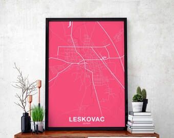 LESKOVAC Serbia map poster color Hometown City Print Modern Home Decor Office Decoration Wall Art Dorm Bedroom Gift
