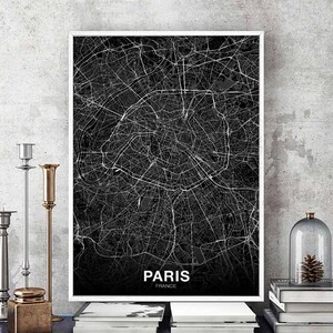 PARIS, France, carte, affiche, noir blanc, ville natale, ville, impression, moderne, décoration intérieure, bureau, décoration, mur, art, dortoir, chambre, cadeau