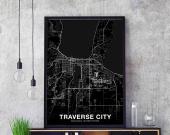 TRAVERSE CITY Michigan USA map poster black white Hometown City Print Modern Home Decor Office Decoration Wall Art Dorm Bedroom Gift