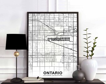 ONTARIO California CA USA map poster black white  Hometown City Print Modern Home Decor Office Decoration Wall Art Dorm Bedroom Gift