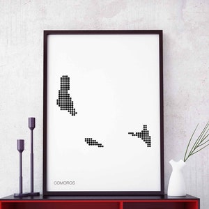COMORES, minimal dots, carte, retro, poster noir blanc, décoration murale, conception, moderne, suisse, scandinave, nordique, pendaison de crémaillère, voyage