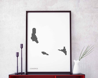 COMOROS minimal dots retro map poster black white wall decor design modern swiss scandinavian nordic housewarming travel
