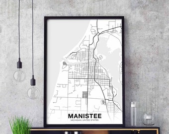 MANISTEE Michigan MI US map poster black white Hometown City Print Modern Home Decor Office Decoration Wall Art Dorm Bedroom Gift