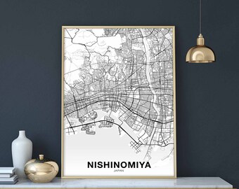 NISHINOMIYA Japan map poster black white Hometown City Print Modern Home Decor Office Decoration Wall Art Dorm Bedroom Gift