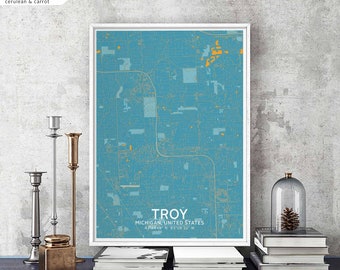 TROY Michigan USA map poster black white Hometown City Print Modern Home Decor Office Decoration Wall Art Dorm Bedroom Gift