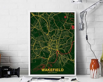 WAKEFIELD Great Britain uk map poster color Hometown City Print Modern Home Decor Office Decoration Wall Art Dorm Bedroom Gift