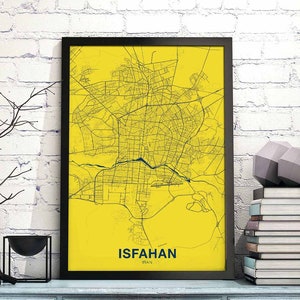 May include: A framed map of Isfahan, Iran, with a yellow background and blue lines depicting the city streets. The city name is printed in dark blue at the bottom of the map.