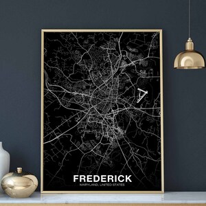 FREDERICK Maryland MD USA Karte Poster schwarz weiß Hometown City Print Modernes Wohndekor Büro Dekoration Wand Kunst Wohnheim Schlafzimmer Geschenk
