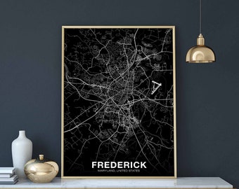 FREDERICK Maryland MD USA map poster black white Hometown City Print Modern Home Decor Office Decoration Wall Art Dorm Bedroom Gift