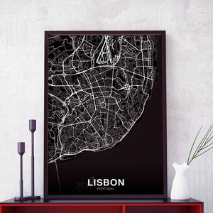 LISBONNE Portugal carte affiche noir blanc ville natale ville impression moderne décor à la maison bureau décoration mur art dortoir chambre cadeau