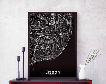LISBON Portugal map poster black white Hometown City Print Modern Home Decor Office Decoration Wall Art Dorm Bedroom Gift