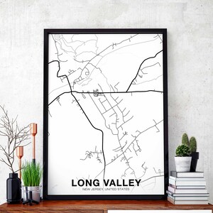 LONG VALLEY New Jersey NJ usa kaart poster zwart wit woonplaats stad print modern interieur kantoordecoratie kunst aan de muur slaapzaal slaapkamer cadeau