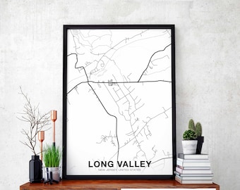LONG VALLEY New Jersey NJ usa map poster black white Hometown City Print Modern Home Decor Office Decoration Wall Art Dorm Bedroom Gift