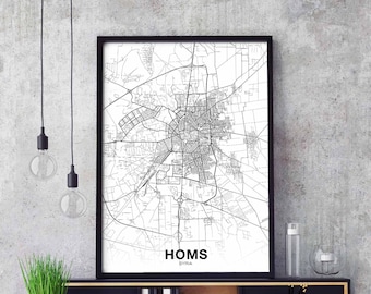 HOMS Syria map poster black white Hometown City Print Modern Home Decor Office Decoration Wall Art Dorm Bedroom Gift