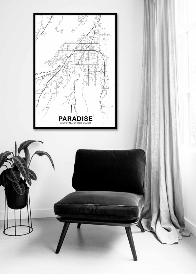 PARADISE California ca usa mapa póster negro blanco Ciudad natal Imprimir Decoración moderna Decoración de la oficina Decoración de la pared Arte Dormitorio Dormitorio Regalo imagen 10