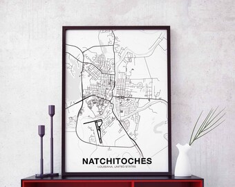NATCHITOCHES Louisiana LO US map poster black white  Hometown City Print Modern Home Decor Office Decoration Wall Art Dorm Bedroom Gift
