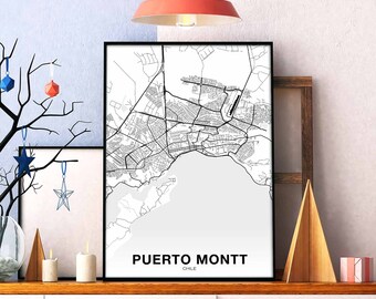 PUERTO MONTT Chile map poster black white Hometown City Print Modern Home Decor Office Decoration Wall Art Dorm Bedroom Gift