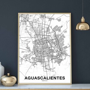 May include: A black and white map print of Aguascalientes, Mexico, with the city name printed in bold at the bottom of the print.