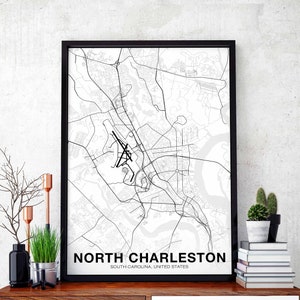 NORTH CHARLESTON South Carolina SC USA Landkarte Plakat schwarz weiß Wand Dekor Design skandinavisch minimalistisch nordisch Einweihungsparty Reise Schlafzimmer