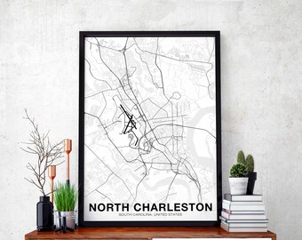NORTH CHARLESTON South Carolina SC usa map poster black white wall decor design scandinavian minimal nordic housewarming travel bedroom
