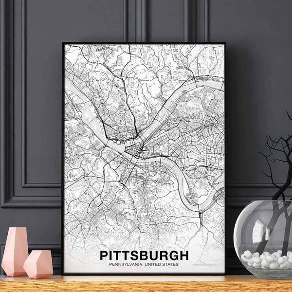 PITTSBURGH Pennsylvania PA USA póster de mapa negro blanco Ciudad natal Imprimir Decoración moderna Decoración del hogar Decoración de la oficina Pared Arte Dormitorio Dormitorio Regalo