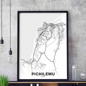 PICHILEMU Chile Karte Poster schwarz weiß Heimatstadt Stadt Print Modernes Wohndekor Büro Dekoration Wand Kunst Wohnheim Schlafzimmer Geschenk
