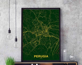 PERUGIA Italy map poster color Hometown City Print Modern Home Decor Office Decoration Wall Art Dorm Bedroom Gift