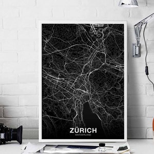 ZURICH suisse carte affiche noir blanc ville natale ville impression moderne décor à la maison bureau décoration mur art dortoir chambre cadeau