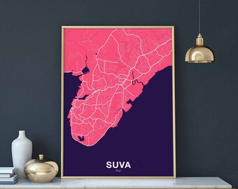 SUVA Fiji map poster color Hometown City Print Modern Home Decor Office Decoration Wall Art Dorm Bedroom Gift