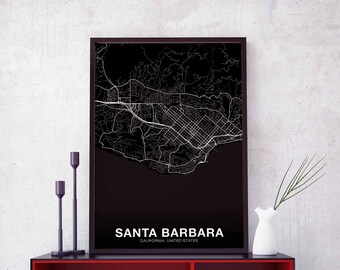 SANTA BARBARA California CA usa map poster black white Hometown City Print Modern Home Decor Office Decoration Wall Art Dorm Bedroom Gift