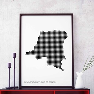 DEMOKRATISCHE REPUBLIK KONGO minimalistisches Poster schwarz weiß Landkarte mit Punkten Retro Wanddeko Design moderne schweizerische skandinavische Karte Einweihungsparty