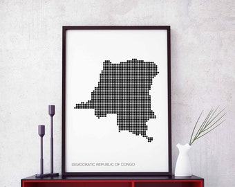 CONGO DEMOCRATIC REPUBLIC minimal dots retro map poster black white wall decor design modern swiss scandinavian nordic housewarming travel