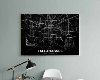TALLAHASSEE Florida FL USA map poster black white Hometown City Print Modern Home Decor Office Decoration Wall Art Dorm Bedroom Gift