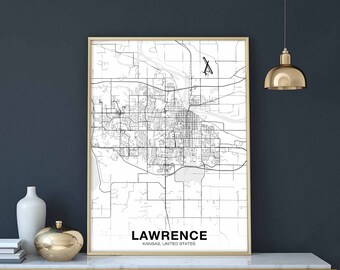 LAWRENCE Kansas  KS USA map poster black white Hometown City Print Modern Home Decor Office Decoration Wall Art Dorm Bedroom Gift