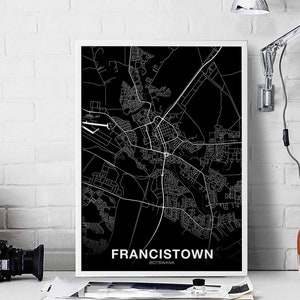 Affiche de carte de FRANCISTOWN botswana noir blanc ville natale ville impression moderne décor à la maison bureau décoration mur art dortoir chambre cadeau