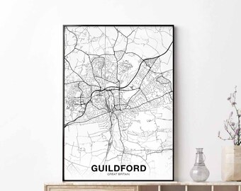 GUILDFORD Great Britain GB UK map poster black white Hometown City Print Modern Home Decor Office Decoration Wall Art Dorm Bedroom Gift