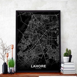 LAHORE Pakistan carte affiche noir blanc ville natale ville impression moderne décor à la maison bureau décoration mur art dortoir chambre cadeau