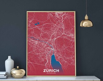 ZURICH Switzerland map poster color Hometown City Print Modern Home Decor Office Decoration Wall Art Dorm Bedroom Gift