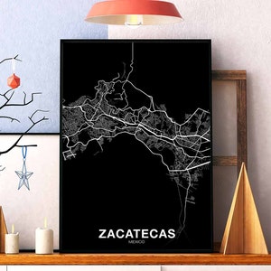 ZACATEAS mexique carte affiche noir blanc ville natale ville impression moderne décor à la maison bureau décoration mur art dortoir chambre cadeau