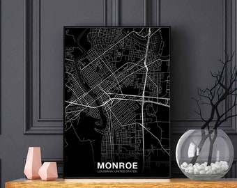 MONROE Luoisiana LA USA map poster black white Hometown City Print Modern Home Decor Office Decoration Wall Art Dorm Bedroom Gift