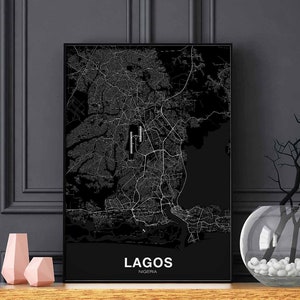 LAGOS nigeria carte affiche noir blanc ville natale ville impression moderne décor à la maison bureau décoration mur art dortoir chambre cadeau