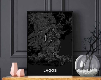 LAGOS Nigeria map poster black white Hometown City Print Modern Home Decor Office Decoration Wall Art Dorm Bedroom Gift