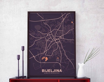 BIJELJINA Bosnia & Herzegovina map poster color Hometown City Print Modern Home Decor Office Decoration Wall Art Dorm Bedroom Gift