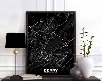 DERRY LONDONDERRY Northern Ireland map poster black white Hometown City Print Modern Home Decor Office Decoration Wall Art Dorm Bedroom Gift