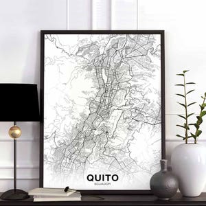 QUITO Equateur carte affiche noir blanc ville natale ville impression moderne décor à la maison bureau décoration mur art dortoir chambre cadeau art impression