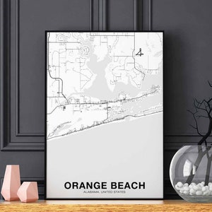 ORANJE STRAND Alabama AL usa kaart poster zwart wit woonplaats stad print modern interieur kantoor decoratie kunst aan de muur slaapzaal slaapkamer cadeau